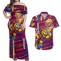 Brisbane Lions Couples Matching Off Shoulder Maxi Dress and Hawaiian Shirt Mascot Cartoon Football Illustration Style