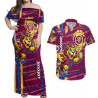 Brisbane Lions Couples Matching Off Shoulder Maxi Dress and Hawaiian Shirt Mascot Cartoon Football Illustration Style