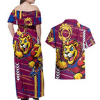 Brisbane Lions Couples Matching Off Shoulder Maxi Dress and Hawaiian Shirt Mascot Cartoon Football Illustration Style