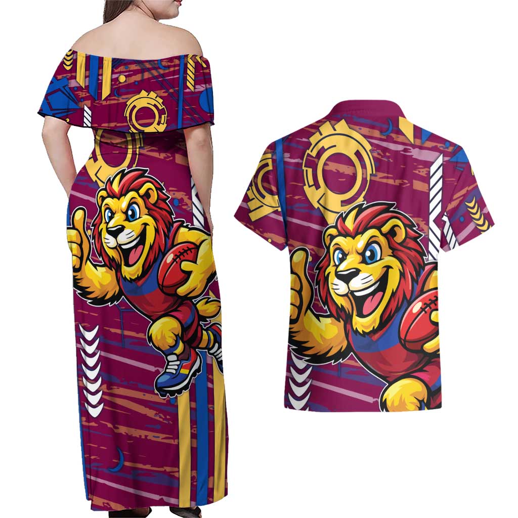 Brisbane Lions Couples Matching Off Shoulder Maxi Dress and Hawaiian Shirt Mascot Cartoon Football Illustration Style