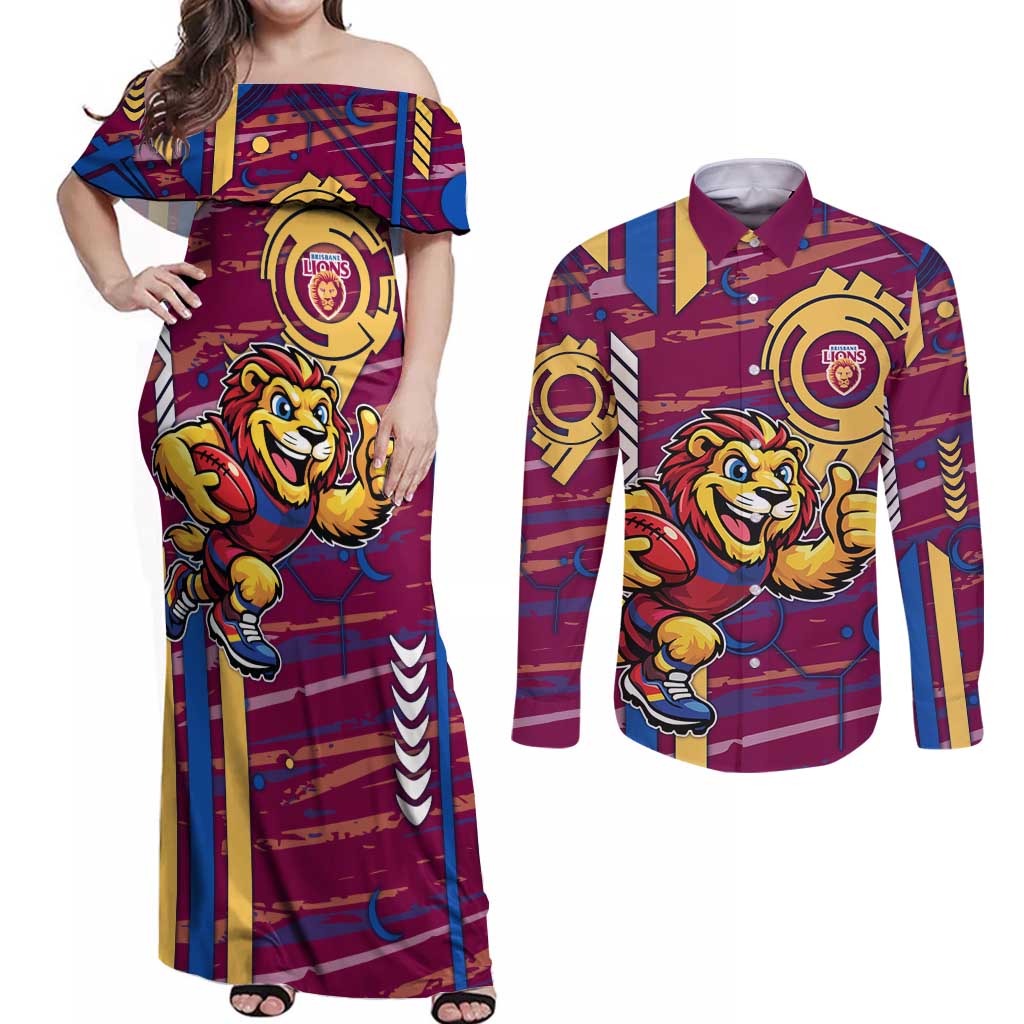 Brisbane Lions Couples Matching Off Shoulder Maxi Dress and Long Sleeve Button Shirt Mascot Cartoon Football Illustration Style