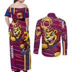 Brisbane Lions Couples Matching Off Shoulder Maxi Dress and Long Sleeve Button Shirt Mascot Cartoon Football Illustration Style