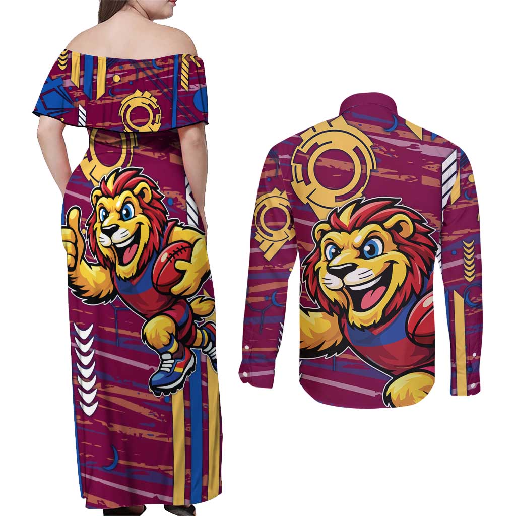 Brisbane Lions Couples Matching Off Shoulder Maxi Dress and Long Sleeve Button Shirt Mascot Cartoon Football Illustration Style