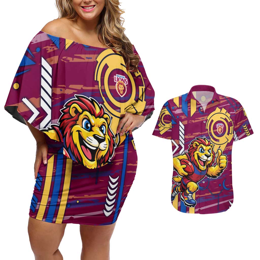 Brisbane Lions Couples Matching Off Shoulder Short Dress and Hawaiian Shirt Mascot Cartoon Football Illustration Style