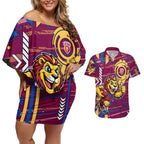 Brisbane Lions Couples Matching Off Shoulder Short Dress and Hawaiian Shirt Mascot Cartoon Football Illustration Style