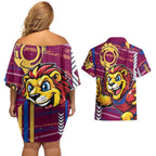 Brisbane Lions Couples Matching Off Shoulder Short Dress and Hawaiian Shirt Mascot Cartoon Football Illustration Style
