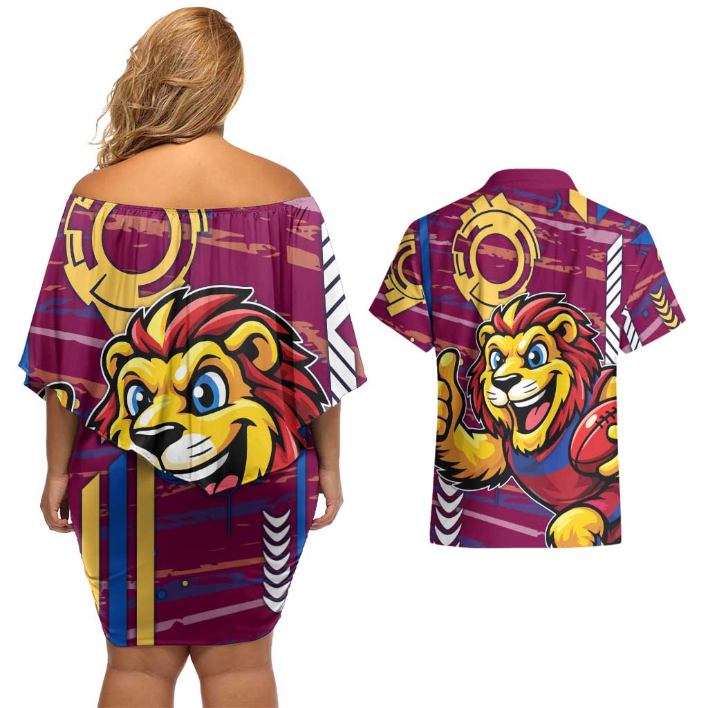 Brisbane Lions Couples Matching Off Shoulder Short Dress and Hawaiian Shirt Mascot Cartoon Football Illustration Style