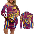 Brisbane Lions Couples Matching Off Shoulder Short Dress and Long Sleeve Button Shirt Mascot Cartoon Football Illustration Style