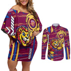 Brisbane Lions Couples Matching Off Shoulder Short Dress and Long Sleeve Button Shirt Mascot Cartoon Football Illustration Style