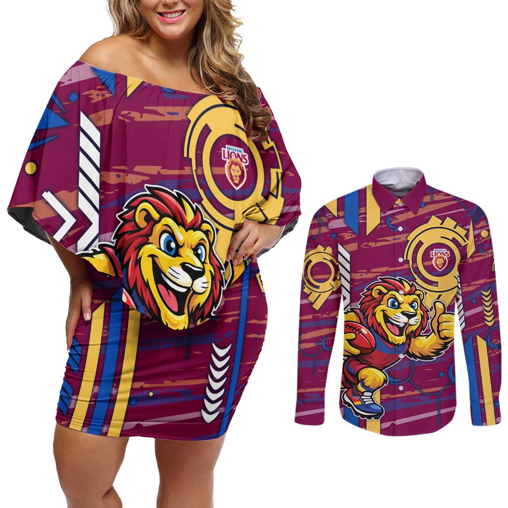 Brisbane Lions Couples Matching Off Shoulder Short Dress and Long Sleeve Button Shirt Mascot Cartoon Football Illustration Style