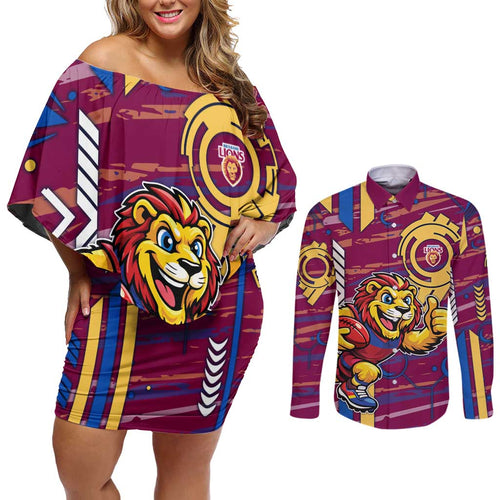 Brisbane Lions Couples Matching Off Shoulder Short Dress and Long Sleeve Button Shirt Mascot Cartoon Football Illustration Style