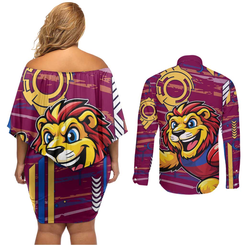 Brisbane Lions Couples Matching Off Shoulder Short Dress and Long Sleeve Button Shirt Mascot Cartoon Football Illustration Style