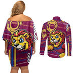Brisbane Lions Couples Matching Off Shoulder Short Dress and Long Sleeve Button Shirt Mascot Cartoon Football Illustration Style