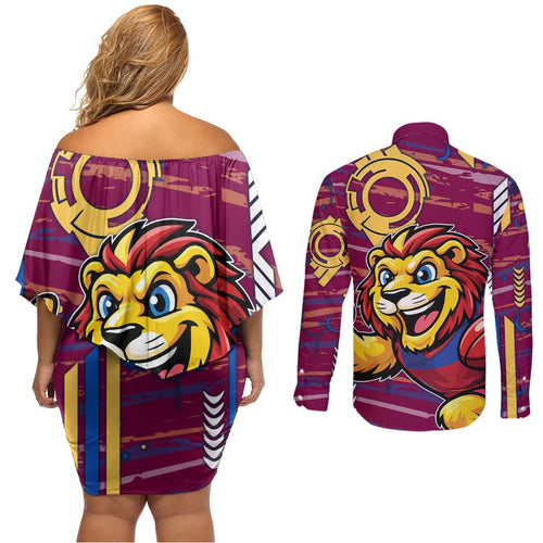 Brisbane Lions Couples Matching Off Shoulder Short Dress and Long Sleeve Button Shirt Mascot Cartoon Football Illustration Style