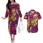 Brisbane Lions Couples Matching Off The Shoulder Long Sleeve Dress and Hawaiian Shirt Mascot Cartoon Football Illustration Style