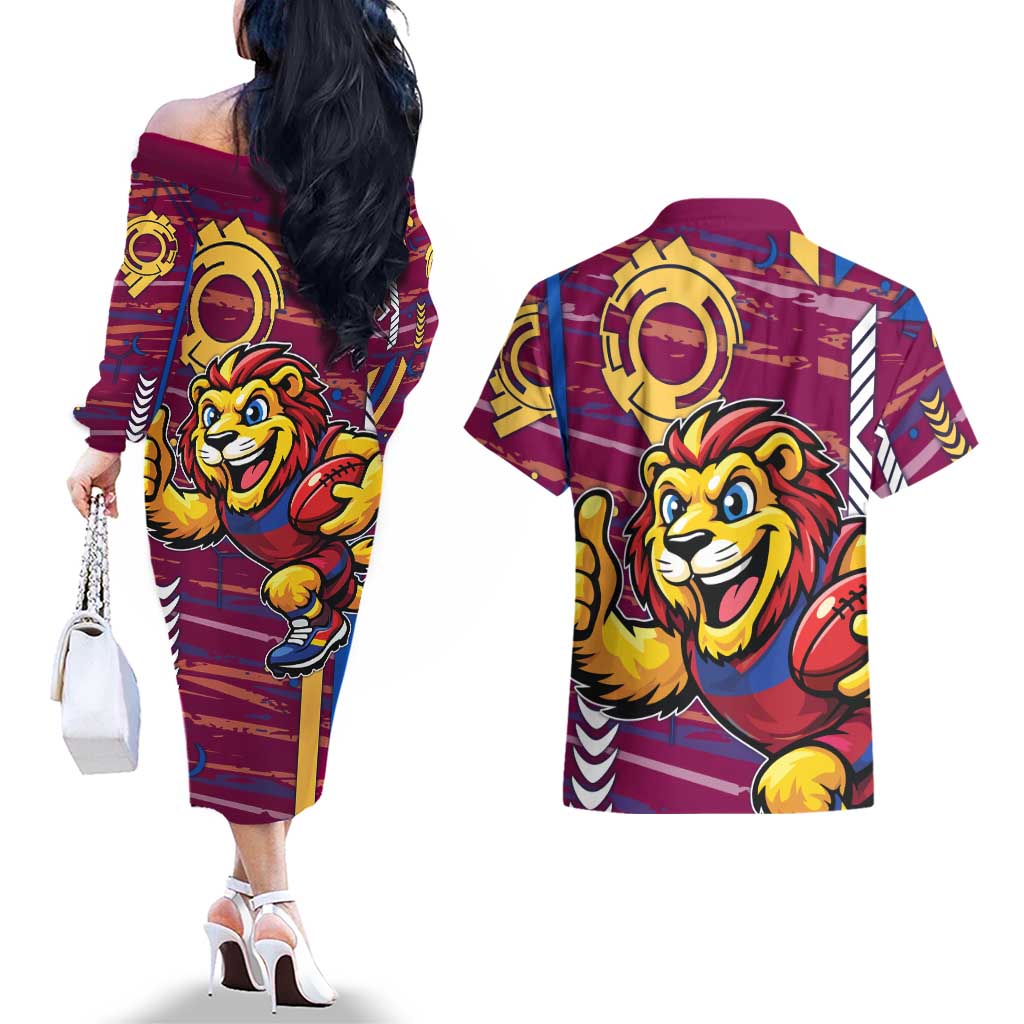 Brisbane Lions Couples Matching Off The Shoulder Long Sleeve Dress and Hawaiian Shirt Mascot Cartoon Football Illustration Style