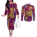Brisbane Lions Couples Matching Off The Shoulder Long Sleeve Dress and Long Sleeve Button Shirt Mascot Cartoon Football Illustration Style