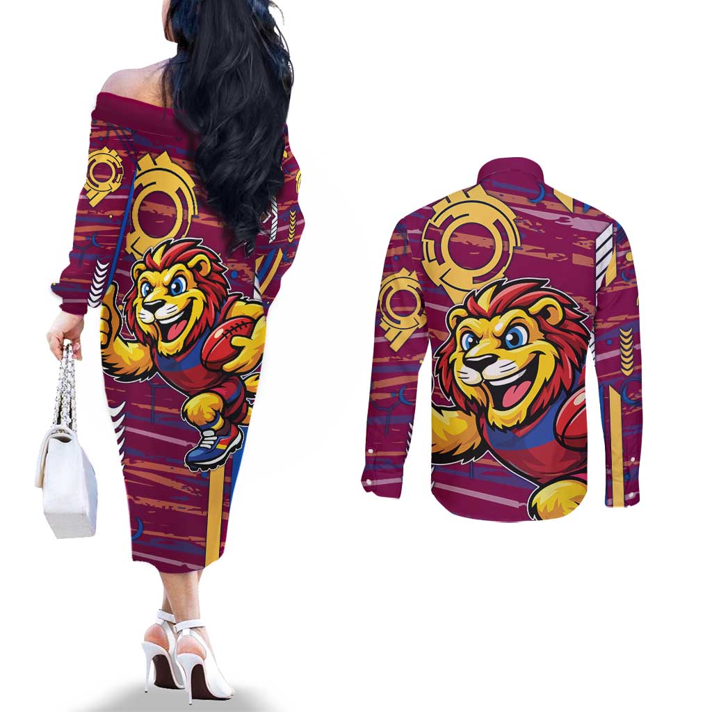 Brisbane Lions Couples Matching Off The Shoulder Long Sleeve Dress and Long Sleeve Button Shirt Mascot Cartoon Football Illustration Style