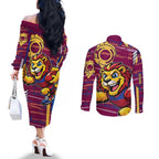 Brisbane Lions Couples Matching Off The Shoulder Long Sleeve Dress and Long Sleeve Button Shirt Mascot Cartoon Football Illustration Style