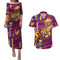 Brisbane Lions Couples Matching Puletasi and Hawaiian Shirt Mascot Cartoon Football Illustration Style