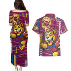 Brisbane Lions Couples Matching Puletasi and Hawaiian Shirt Mascot Cartoon Football Illustration Style