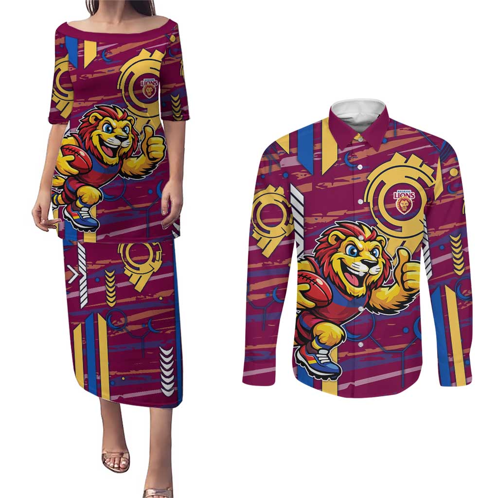 Brisbane Lions Couples Matching Puletasi and Long Sleeve Button Shirt Mascot Cartoon Football Illustration Style