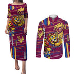 Brisbane Lions Couples Matching Puletasi and Long Sleeve Button Shirt Mascot Cartoon Football Illustration Style