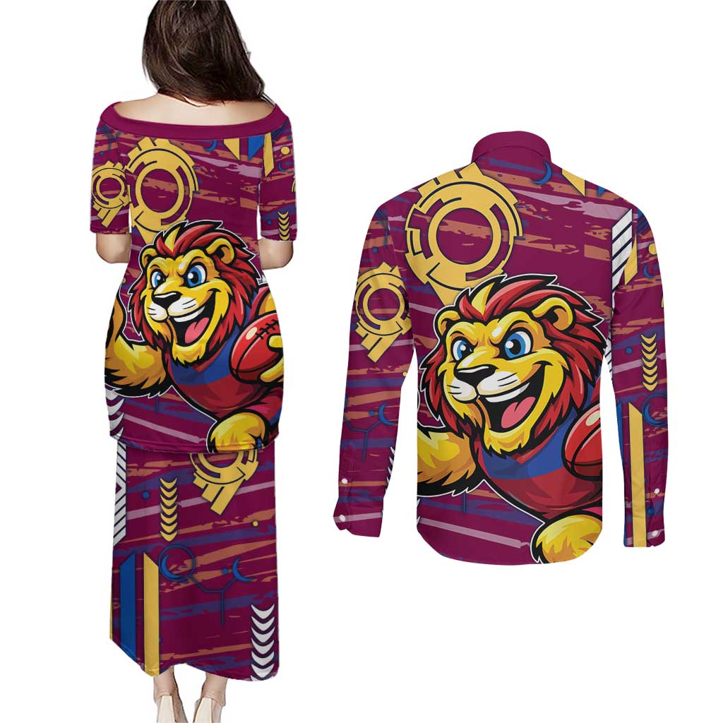 Brisbane Lions Couples Matching Puletasi and Long Sleeve Button Shirt Mascot Cartoon Football Illustration Style