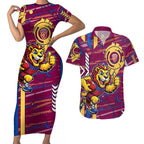 Brisbane Lions Couples Matching Short Sleeve Bodycon Dress and Hawaiian Shirt Mascot Cartoon Football Illustration Style
