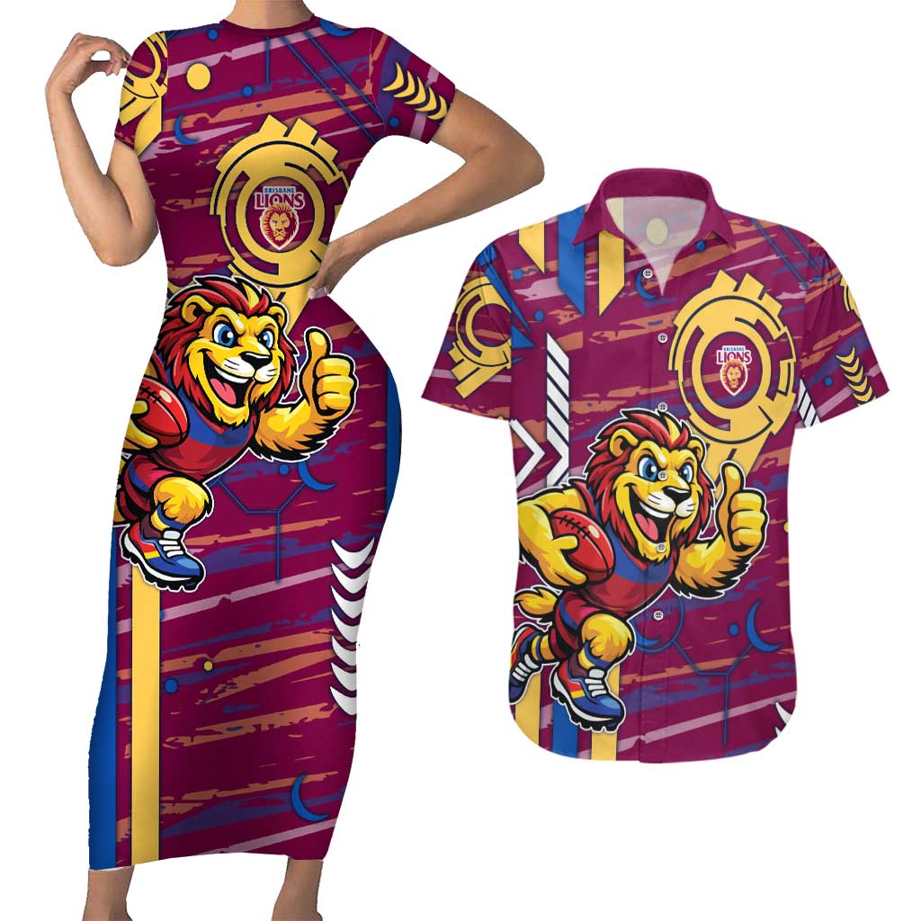 Brisbane Lions Couples Matching Short Sleeve Bodycon Dress and Hawaiian Shirt Mascot Cartoon Football Illustration Style