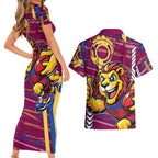 Brisbane Lions Couples Matching Short Sleeve Bodycon Dress and Hawaiian Shirt Mascot Cartoon Football Illustration Style