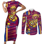 Brisbane Lions Couples Matching Short Sleeve Bodycon Dress and Long Sleeve Button Shirt Mascot Cartoon Football Illustration Style