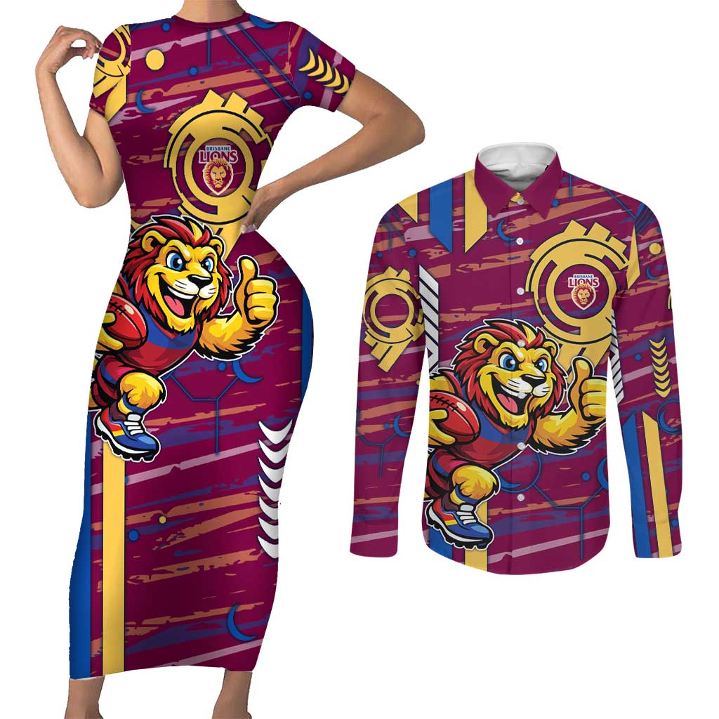 Brisbane Lions Couples Matching Short Sleeve Bodycon Dress and Long Sleeve Button Shirt Mascot Cartoon Football Illustration Style