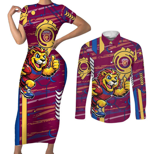 Brisbane Lions Couples Matching Short Sleeve Bodycon Dress and Long Sleeve Button Shirt Mascot Cartoon Football Illustration Style