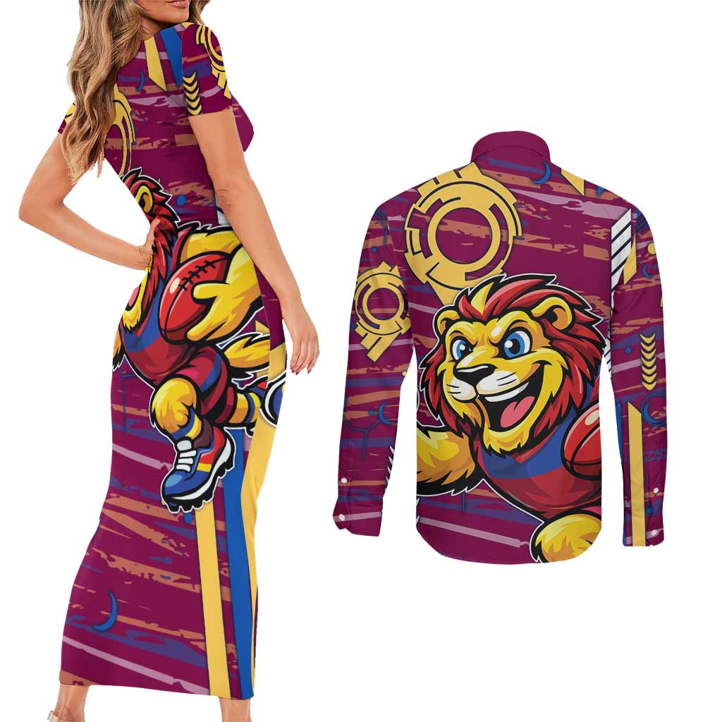 Brisbane Lions Couples Matching Short Sleeve Bodycon Dress and Long Sleeve Button Shirt Mascot Cartoon Football Illustration Style