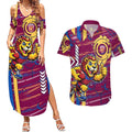 Brisbane Lions Couples Matching Summer Maxi Dress and Hawaiian Shirt Mascot Cartoon Football Illustration Style