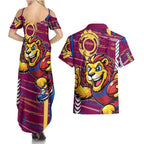 Brisbane Lions Couples Matching Summer Maxi Dress and Hawaiian Shirt Mascot Cartoon Football Illustration Style