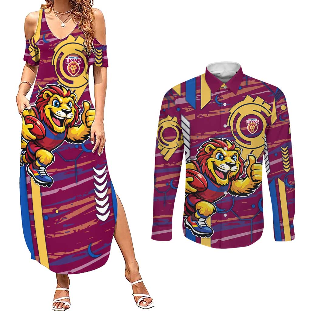 Brisbane Lions Couples Matching Summer Maxi Dress and Long Sleeve Button Shirt Mascot Cartoon Football Illustration Style