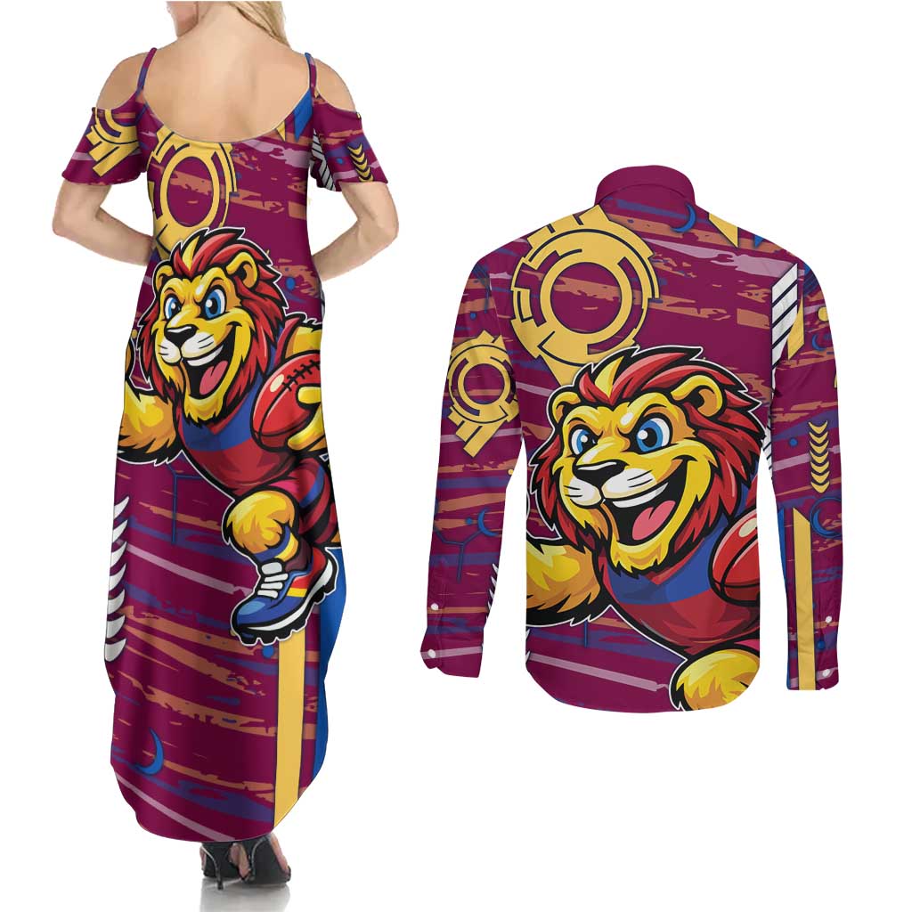 Brisbane Lions Couples Matching Summer Maxi Dress and Long Sleeve Button Shirt Mascot Cartoon Football Illustration Style
