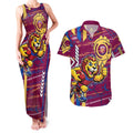 Brisbane Lions Couples Matching Tank Maxi Dress and Hawaiian Shirt Mascot Cartoon Football Illustration Style