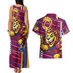 Brisbane Lions Couples Matching Tank Maxi Dress and Hawaiian Shirt Mascot Cartoon Football Illustration Style