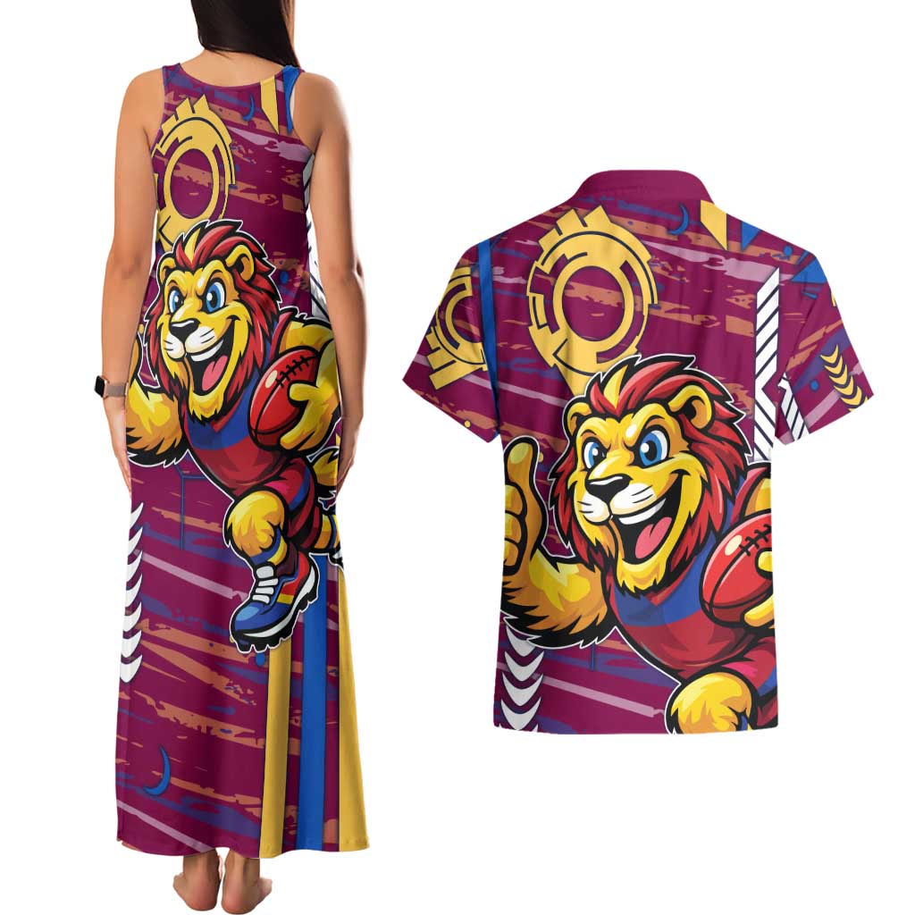 Brisbane Lions Couples Matching Tank Maxi Dress and Hawaiian Shirt Mascot Cartoon Football Illustration Style