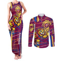 Brisbane Lions Couples Matching Tank Maxi Dress and Long Sleeve Button Shirt Mascot Cartoon Football Illustration Style