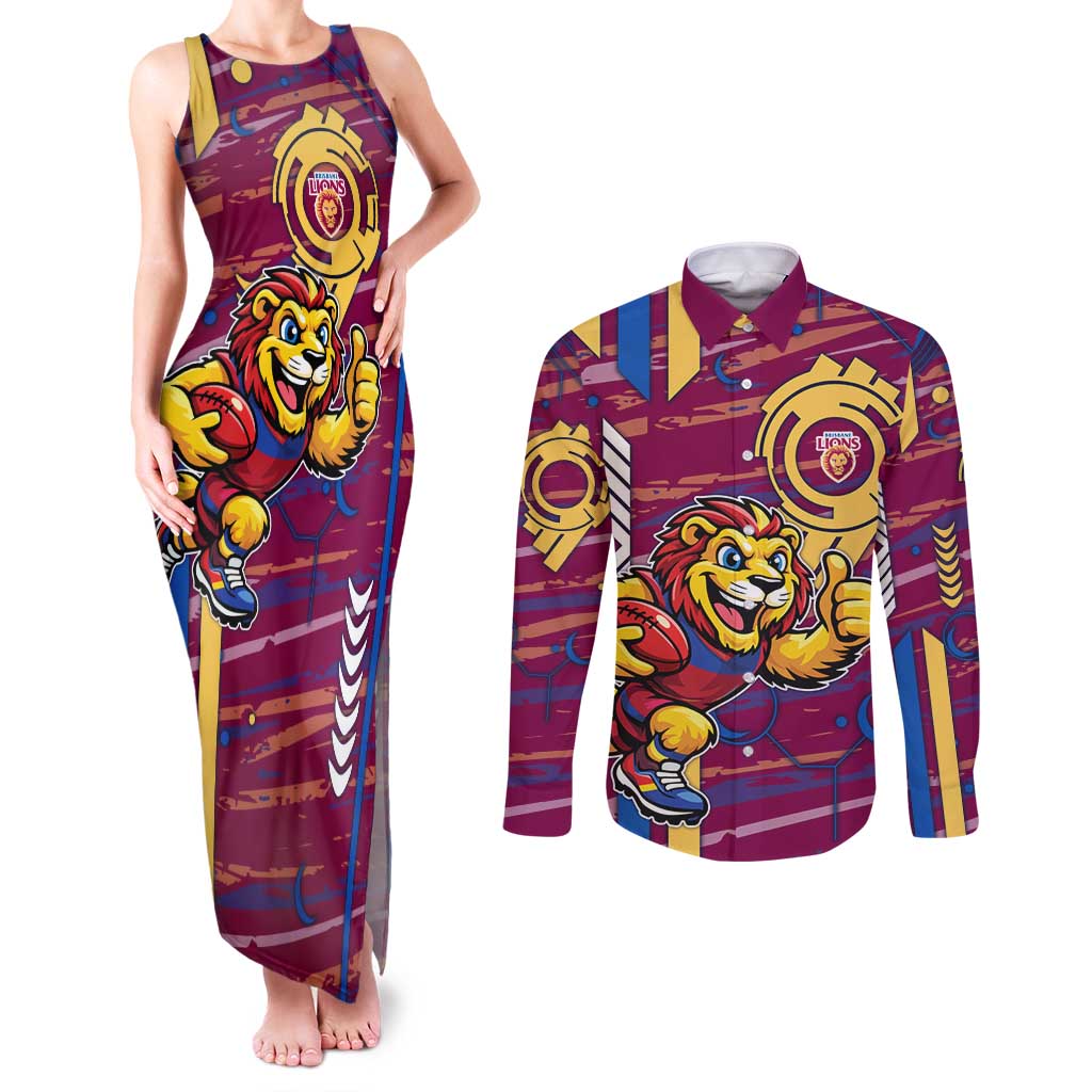 Brisbane Lions Couples Matching Tank Maxi Dress and Long Sleeve Button Shirt Mascot Cartoon Football Illustration Style
