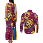 Brisbane Lions Couples Matching Tank Maxi Dress and Long Sleeve Button Shirt Mascot Cartoon Football Illustration Style