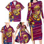 Brisbane Lions Family Matching Long Sleeve Bodycon Dress and Hawaiian Shirt Mascot Cartoon Football Illustration Style