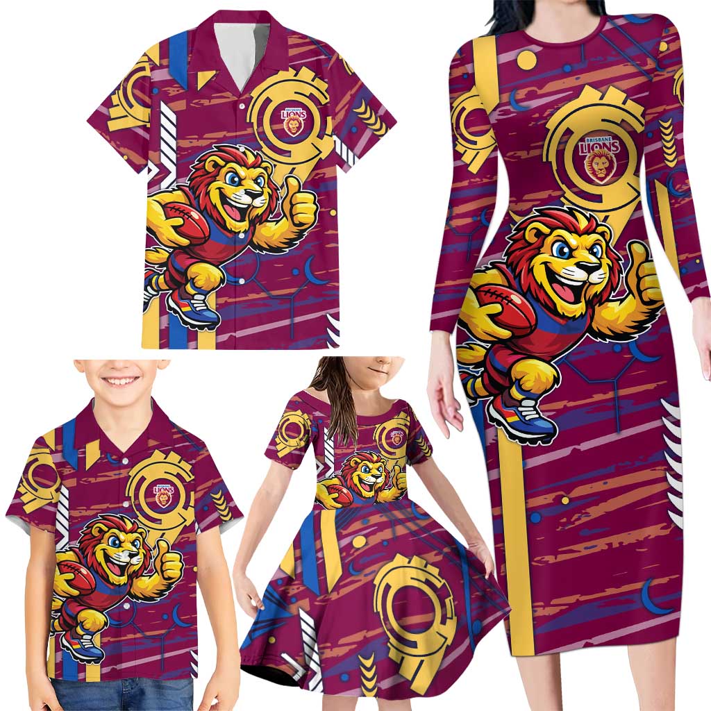 Brisbane Lions Family Matching Long Sleeve Bodycon Dress and Hawaiian Shirt Mascot Cartoon Football Illustration Style