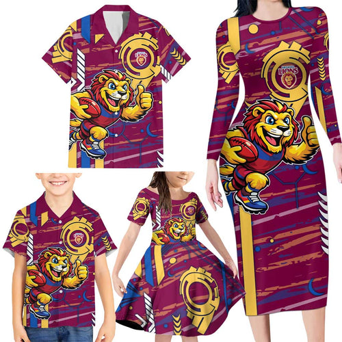 Brisbane Lions Family Matching Long Sleeve Bodycon Dress and Hawaiian Shirt Mascot Cartoon Football Illustration Style