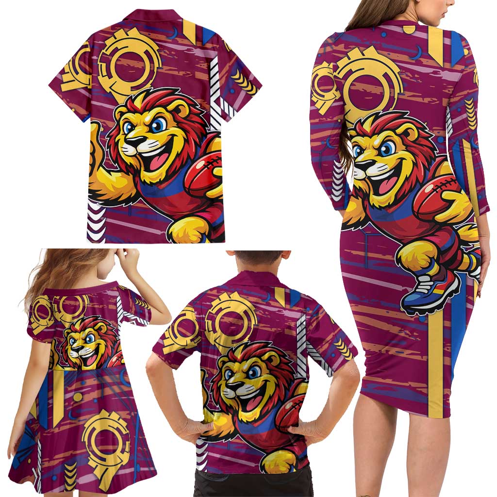 Brisbane Lions Family Matching Long Sleeve Bodycon Dress and Hawaiian Shirt Mascot Cartoon Football Illustration Style