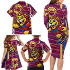 Brisbane Lions Family Matching Long Sleeve Bodycon Dress and Hawaiian Shirt Mascot Cartoon Football Illustration Style